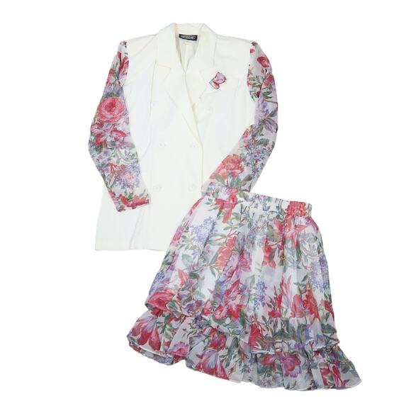 Vintage 70s cream and pink floral skirt and blazer suit set M - Picture 8 of 12